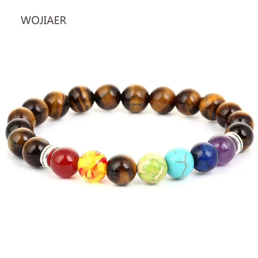 

WOJIAER 7 Chakra Bracelets Men Women Black Onyx Healing Balance Prayer Natural Stone Beads Colorful Yoga Strand Bangles ZBM063