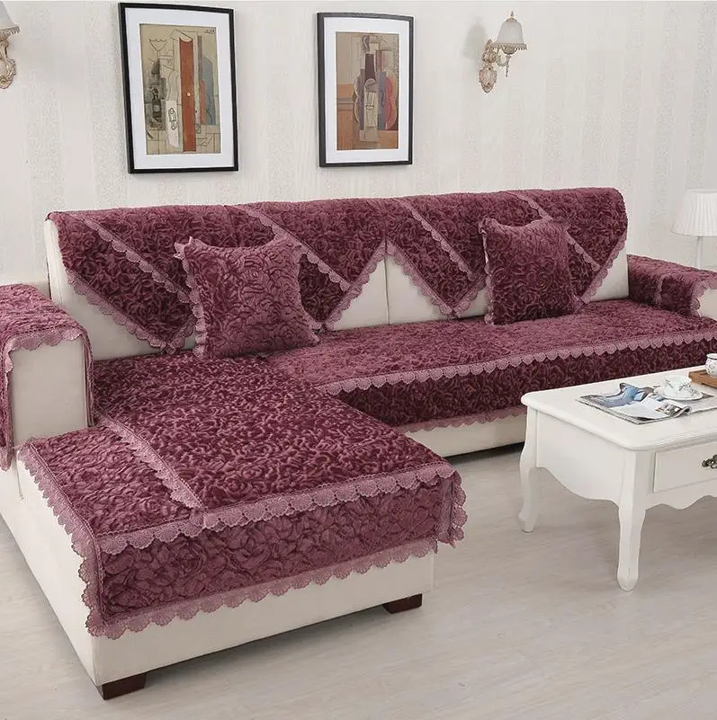 Purple Европейские секционные Чехлы для дивана для гостиной, однотонный цветочный плюшевый чехол для дивана, противоскользящий толстый l-образный чехол для дивана, чехол для сиденья - Цвет: Purple