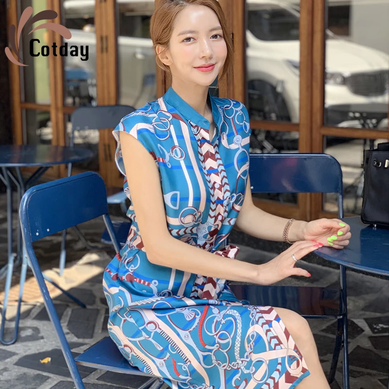 

Cotday High Quality Designer Runway Printed Sleeveless Bandage Single-breasted Women Summer Beach Elegant Style Vintage Dress