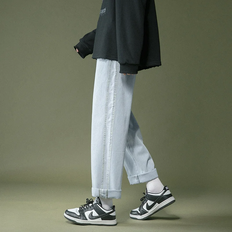 Autumn Cotton Ripped Jeans Men's Fashion Casual Straight Jeans Men Streetwear Loose Hip-hop Hole Denim Trousers Mens S-2XL