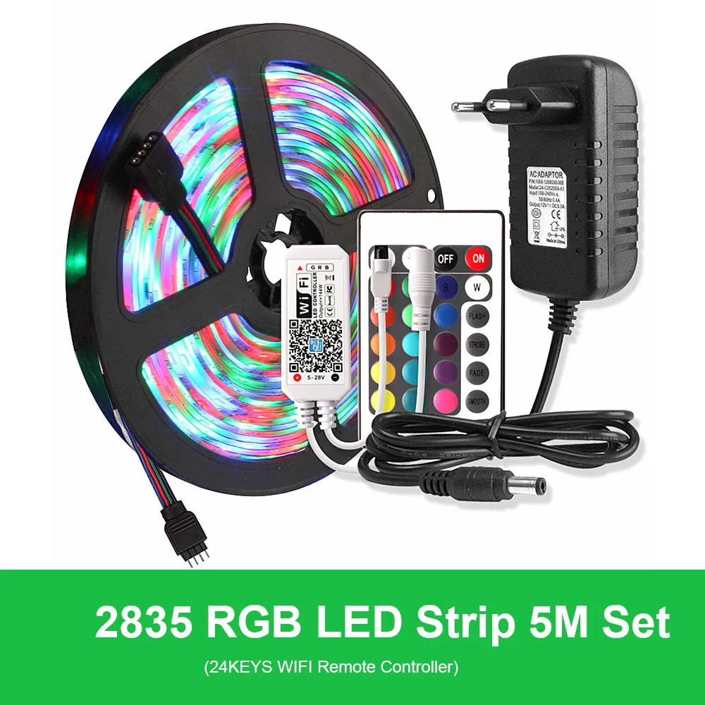 2835 Светодиодная лента Водонепроницаемая 5 м лента RGB Гибкая неоновая Диодная Tira светодиодный светильник полоса 220 В до 12 В адаптер Bluetooth/17 ключ дистанционного управления - Испускаемый цвет: 24keys Wifi Control