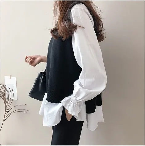 

2021 Autumn Women white Ruffled Long Sleeve Shirt+ black O-Neck Pullover Sleeveless Vest Office Casual Knitted Vest 2 Piece Set