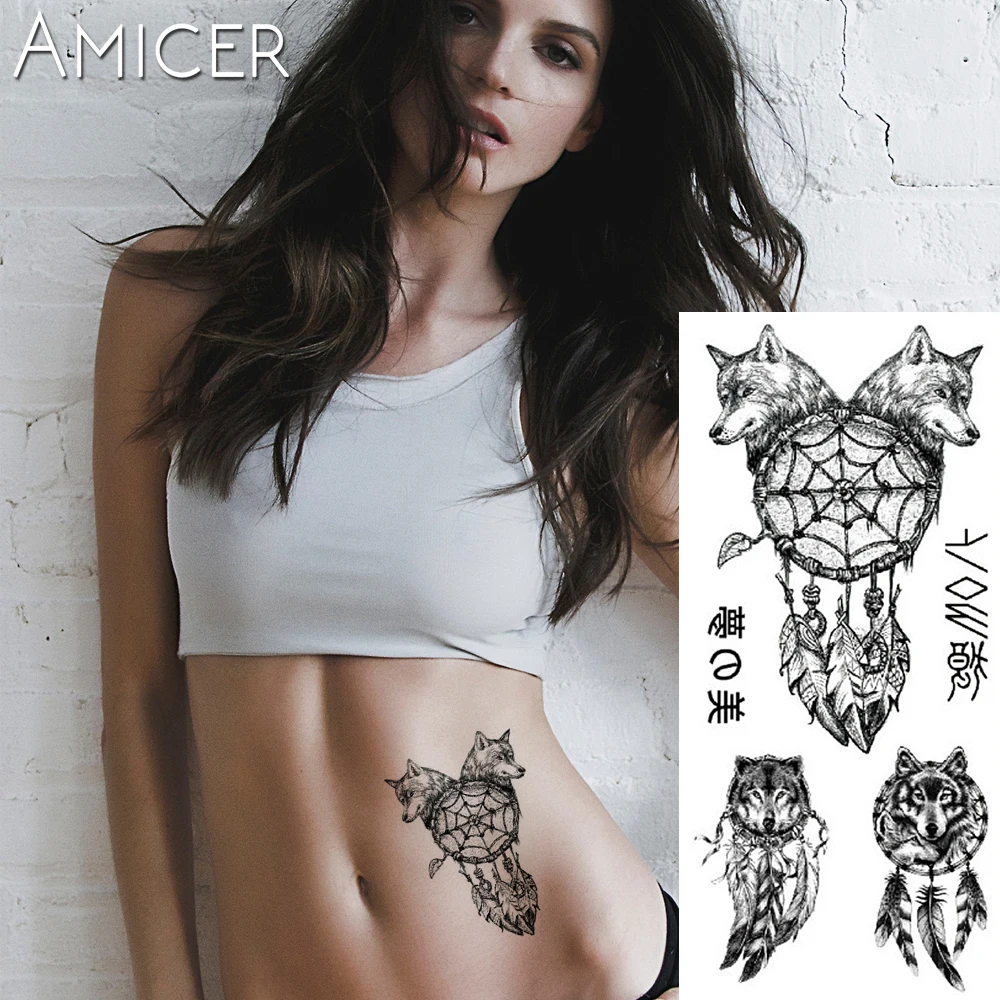 

1 piece Fantasy Color Wolf Dreamcatcher Hot Large animal Temporary Tattoo Waterproof Tattoo Sticker for women men