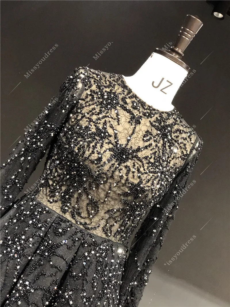 ZuhairMurad Black Color Real Picture Luxury Heavy Beads O-Neck Full Sleeves Short Length Evening Party Prom Dancing Bridal Dress
