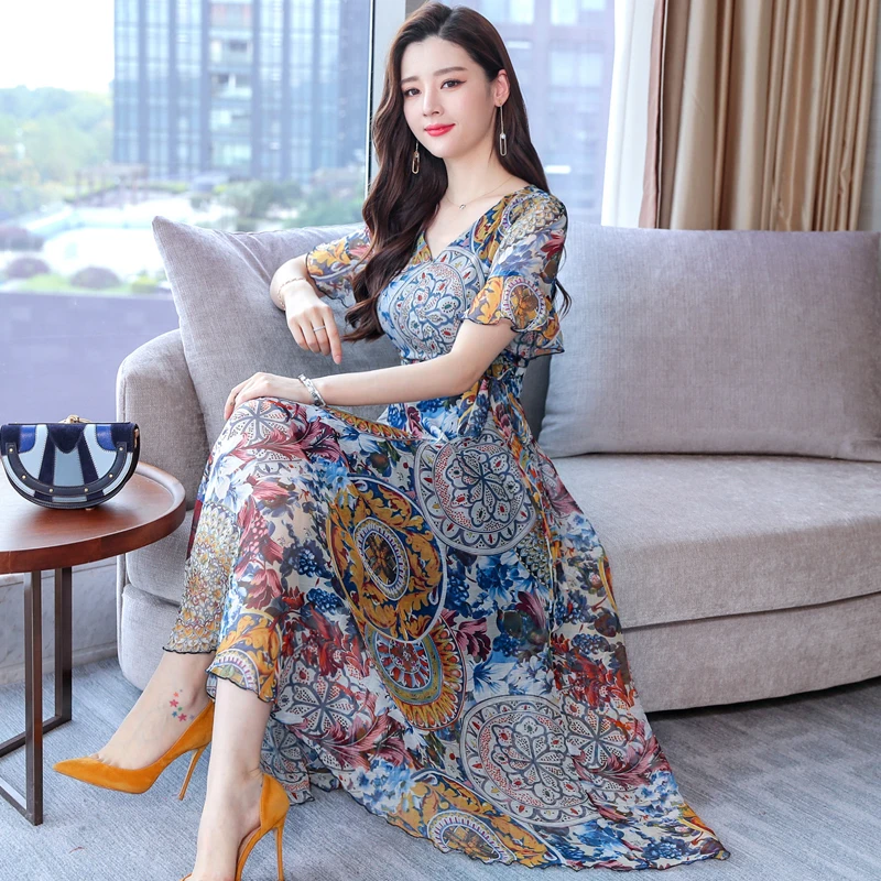 Женское шифоновое платье с цветочным принтом Длинное Элегантное пляжное V