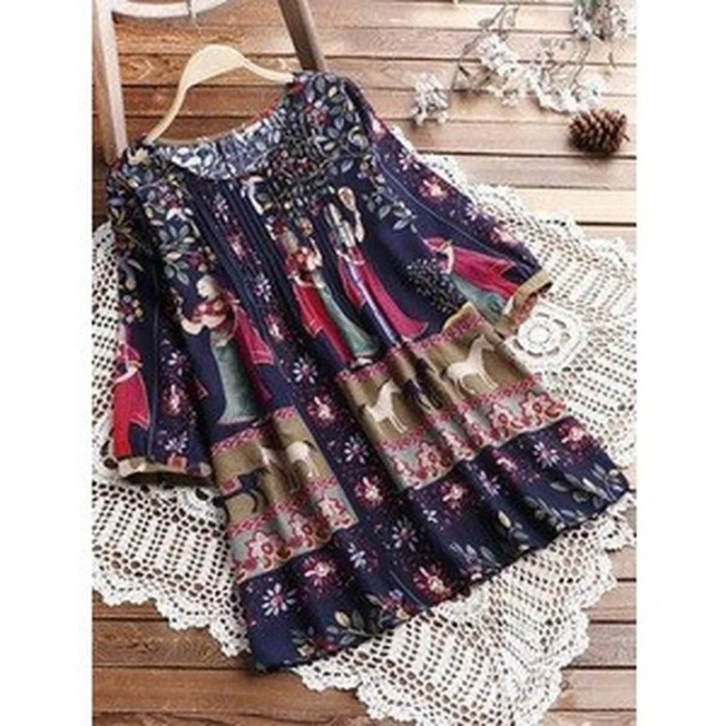

Women's Summer Hot Sale Retro Comfortable Printed Cropped Dress O-neck