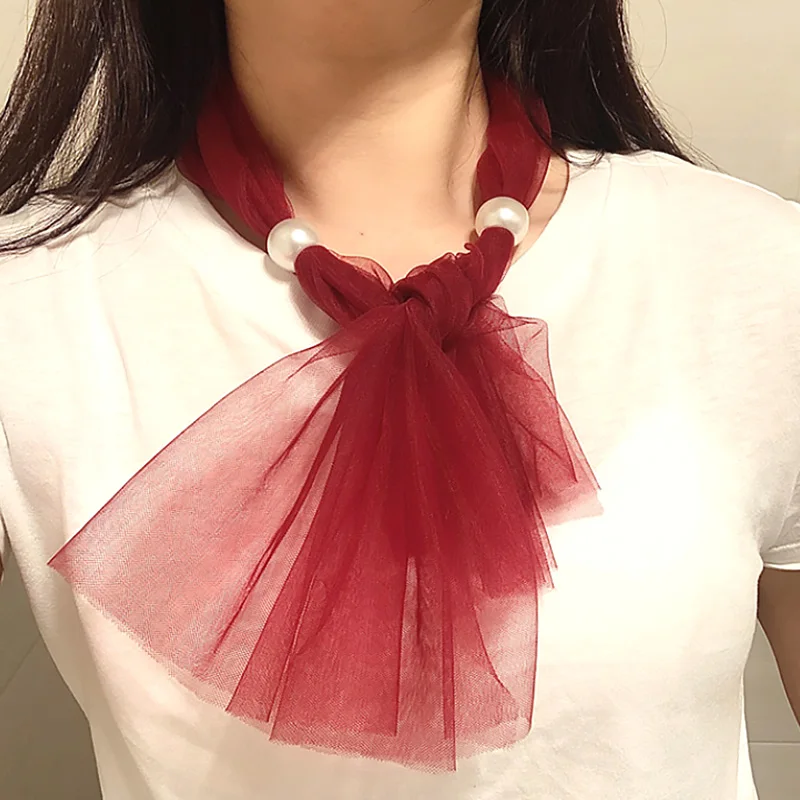 Шарф-ожерелье маленький шелковый украшенный жемчугом весна-осень | Украшения и