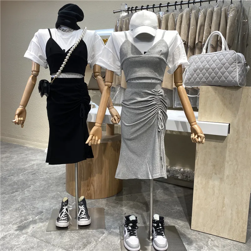 

Niche Design 2021 Simple Letter Short T-shirt+camisole+elastic Waist Fold Drawstring Skirt Two-piece Suit