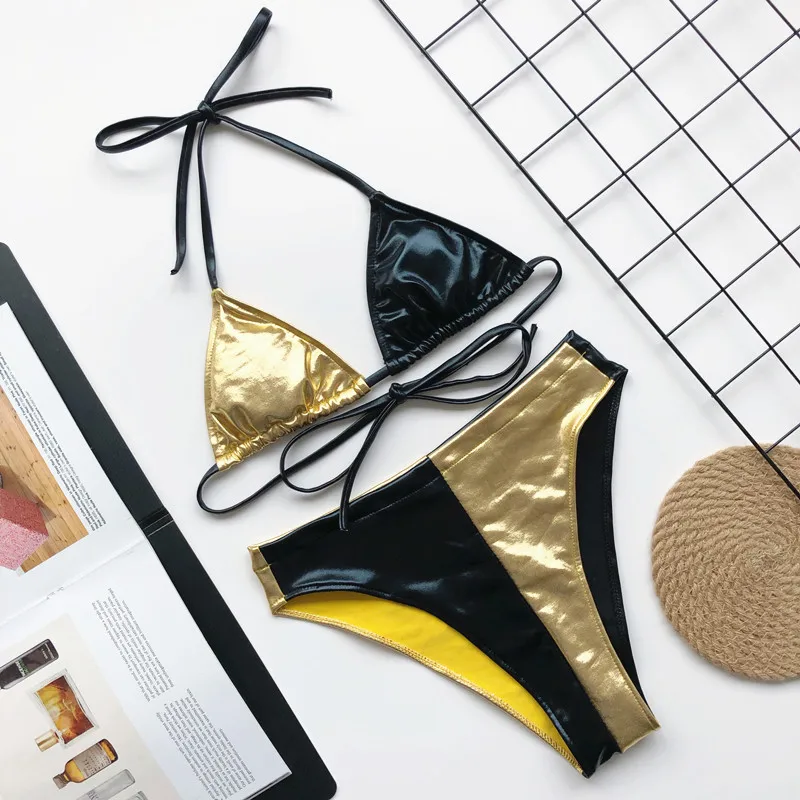 Gold PU Bikini Patchwork High Leg Cut Swimwear Women Waisted Bathing Suit Sexy Push Up Swimsuit Bright Leather Bikinis 2020 | Женская