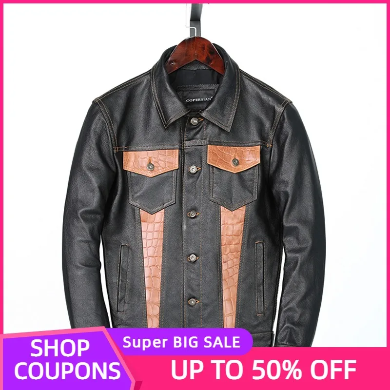 

2021 Black Genuine Leather Jacket Men Casual Style Single Breasted Plus Size 4XL Real Natural Cowhide Spring Slim Fit Short Coat