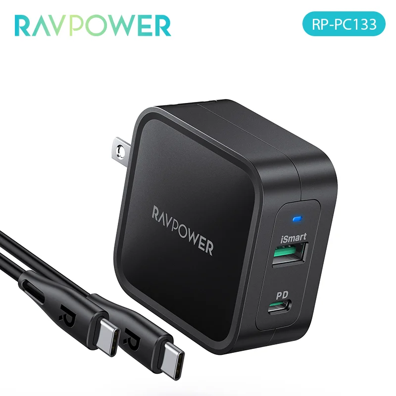 

Зарядное устройство RAVPower GaN с двумя портами и USB-портами, 65 Вт