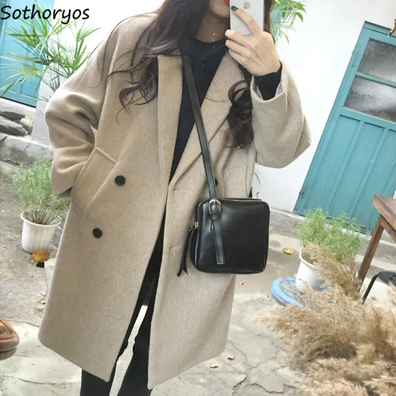 

Шерстяное Женское пальто с карманами и двойной грудью, однотонное зимнее женское универсальное пальто, Трендовое повседневное элегантное ...