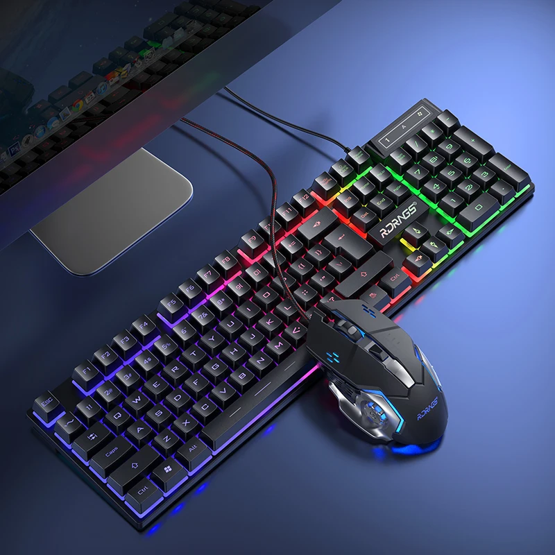 

Keyboard Gamer Kit Wired Gaming Mouse Kit Backlight Computer Mechanical Feel Keyboards PC Backlit Game 104 Keys Keycaps Rainbow