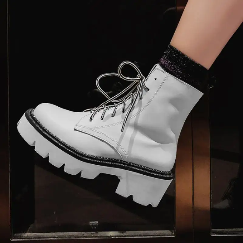white Buono Scarpe Mixed Color Women Ankle Boots Lace Up Female Ankle Botas Mujer Thick Bottom Genuine Leather Boots Fenimina Non-Slip - Цвет: white