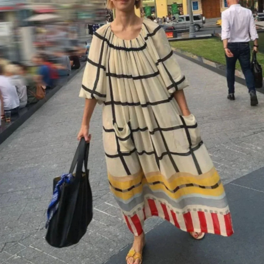 

2021 Western Style Spring Summer New Women's Dress Lattice Printing Round Neck Long Vacation Beach Dress Loose Casual