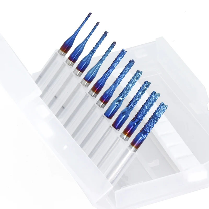 Corn Milling Cutter Set Nano Blue Coating CNC Machine Router Bit 3.175mm Shank 10pcs Tungsten Carbide End Mill PCB Mills | Инструменты