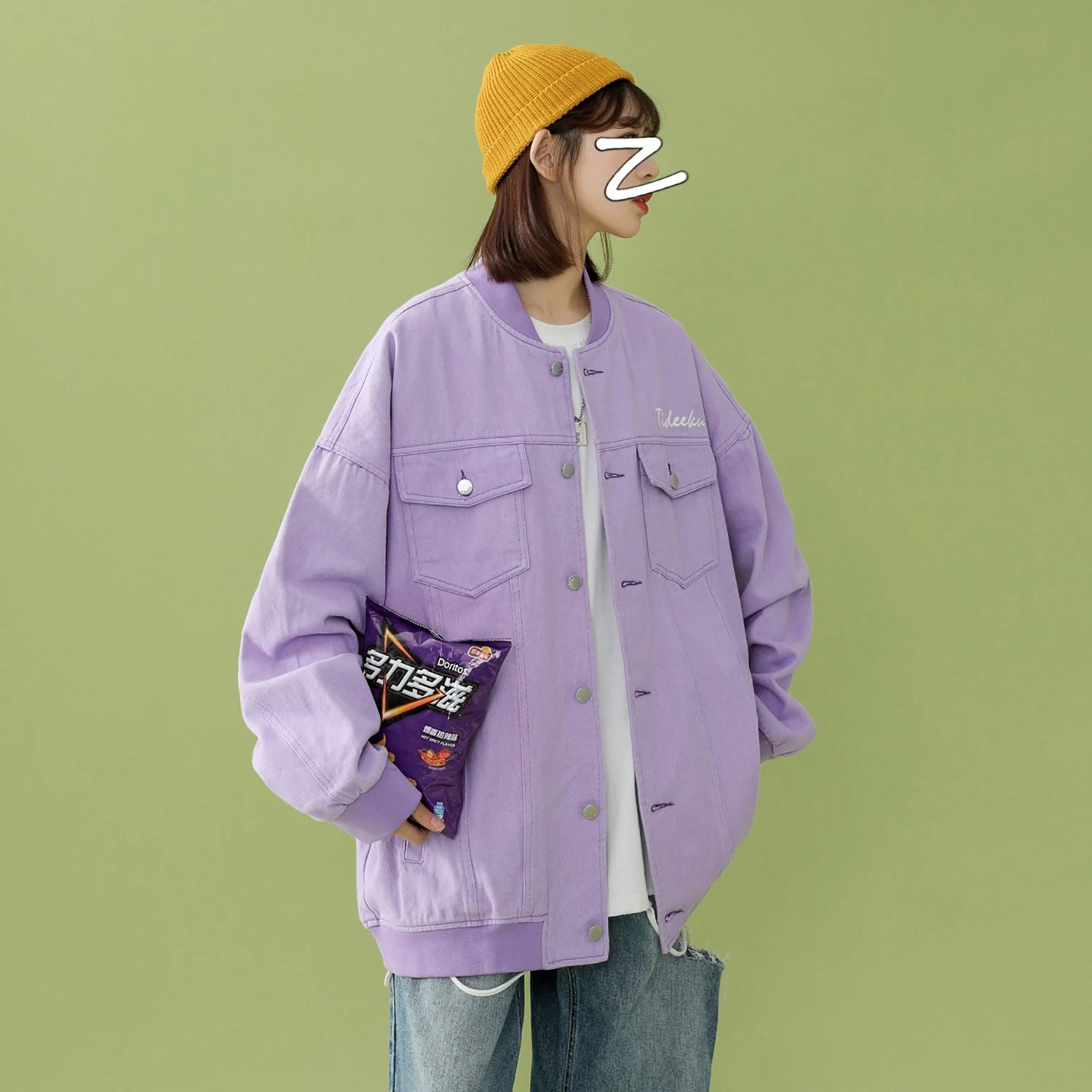 Женская джинсовая куртка оверсайз Повседневная Свободная синяя с отложным