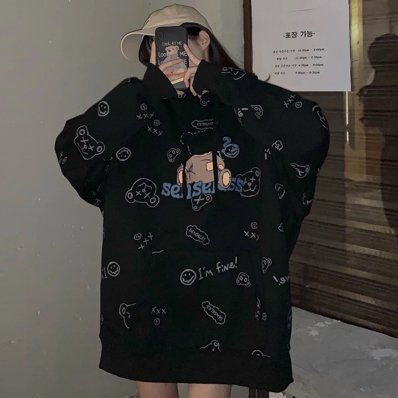 

Harajuku Oversize Women Hooded Sweatshirts Cartoon Cute Bear Print Girls Hoodies Thick Autumn Pullovers Tops Hoodies Streetwear