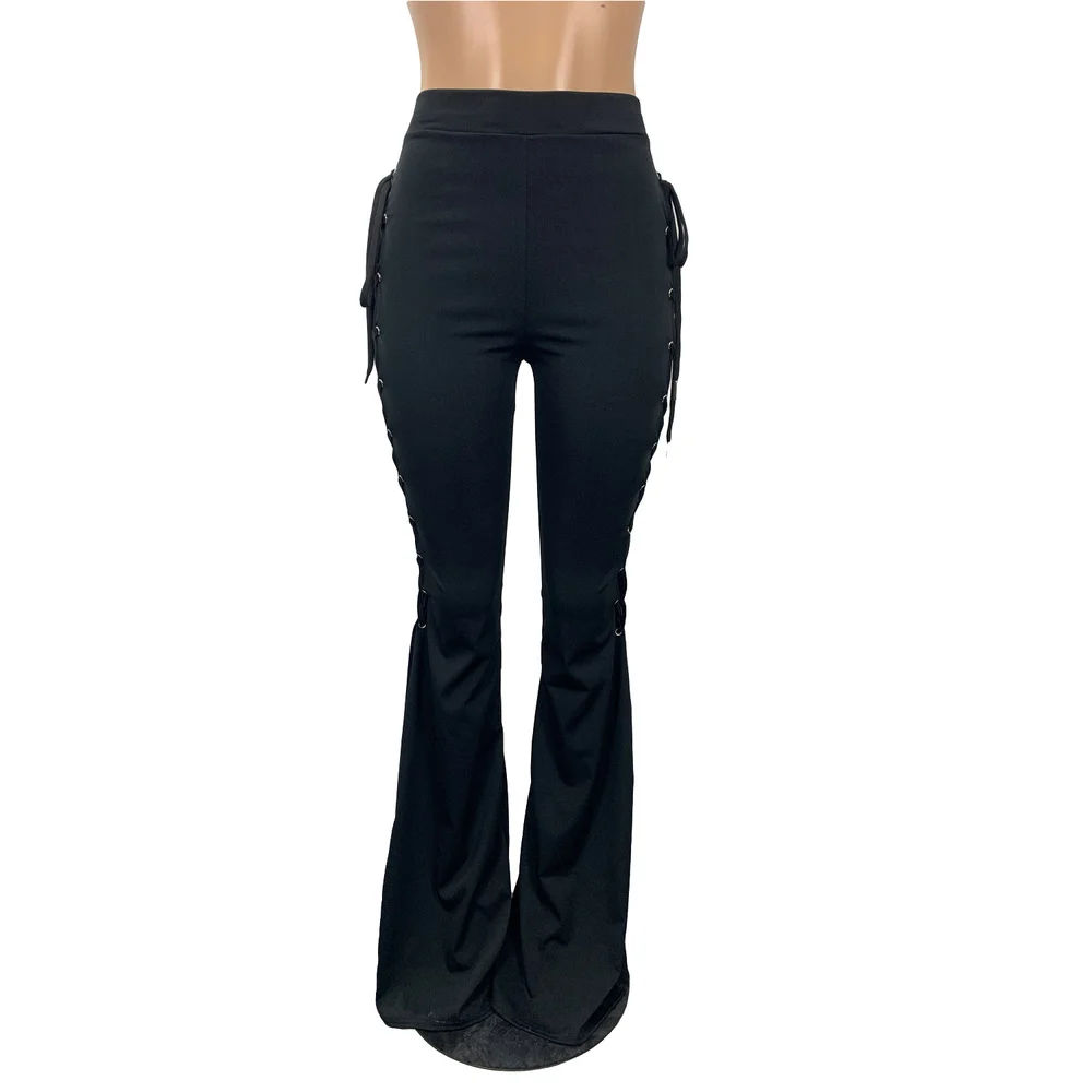 

Pink/black/red Side Cross Lace Up Hollow Flare Bell Bottom Pant Fall Autumn Clothes for Women Sexy Bodycon Bandage Slim Trouser