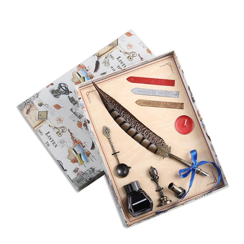 

Luxury Vintage Feather Dip Calligraphy Fountain Pen Writing Ink Set Stationery