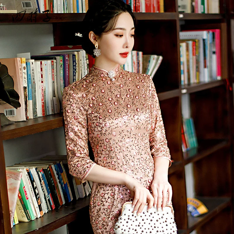 

Cheongsam Middle style Nail Bead Stand Collar Banquet Dress Chinese Traditional Dress Chinese Dress Qipao Cotton Qipao
