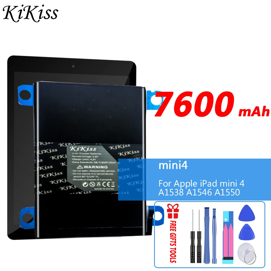 

Аккумулятор KIKISS для планшета Apple iPad Mini 4 Mini4 A1538 A1546 A1550, сменный аккумулятор большой емкости 7600 мАч, батарея с бесплатными инструментами