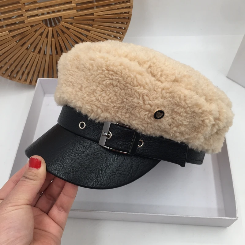 Корейская супер огненная овечья кожа темно-синяя шляпа женская осенняя и зимняя