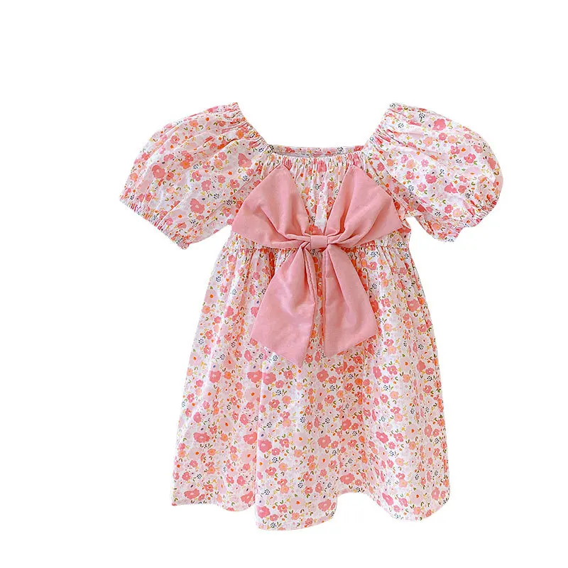 

Summer 2021 New Arrivals Girls Short Sleeve O Neck Big Solid Bow Print Floral Cute Princess Dress 18M-6T
