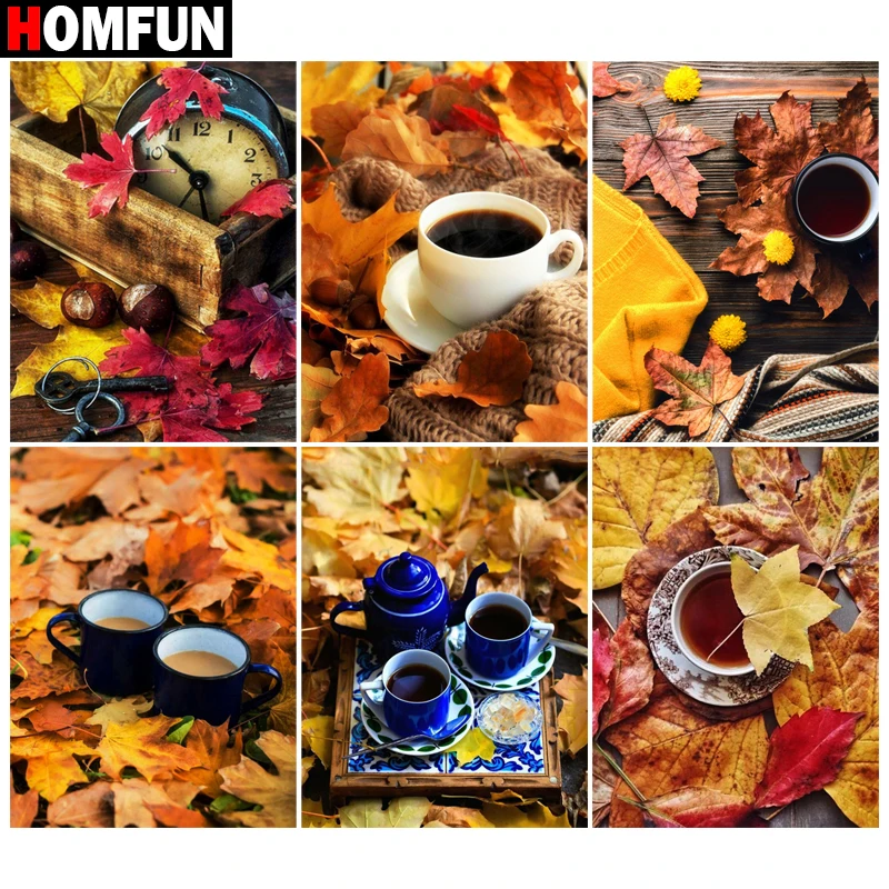 

HOMFUN Rhinestone Painting Crystal Decor Diy Diamond Painting "Maple leaf cup coffee" 3D Cross Stitch Pattern Diamond Embroidery