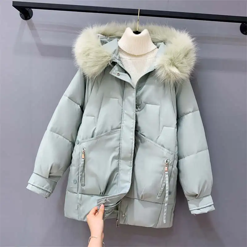 

M-4XL Plus Size Hooded Faux Fur Collar Winter Jacket Women Pockets Warm Quilted Coats Mid-Length Padded Jackets For Women C7809
