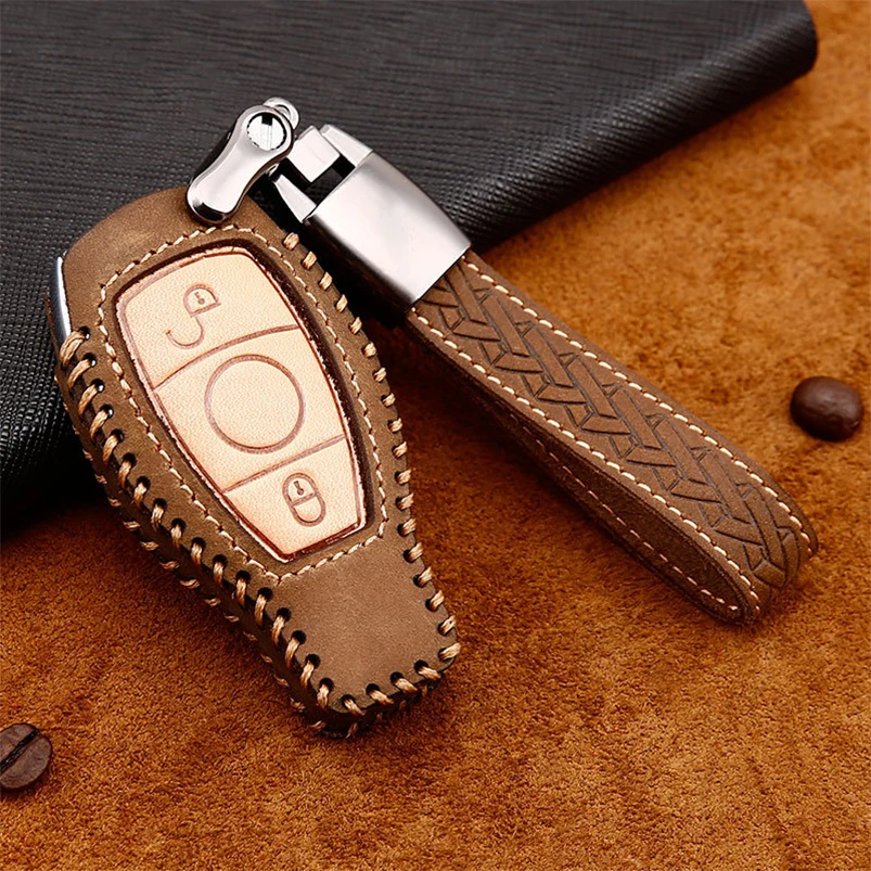 Geuine Leather Car 2 3 Buttons Smart Remote Key Fob Protective Holder Case Cover Bag Shell Keychain For Mecedes Benz Accessories |