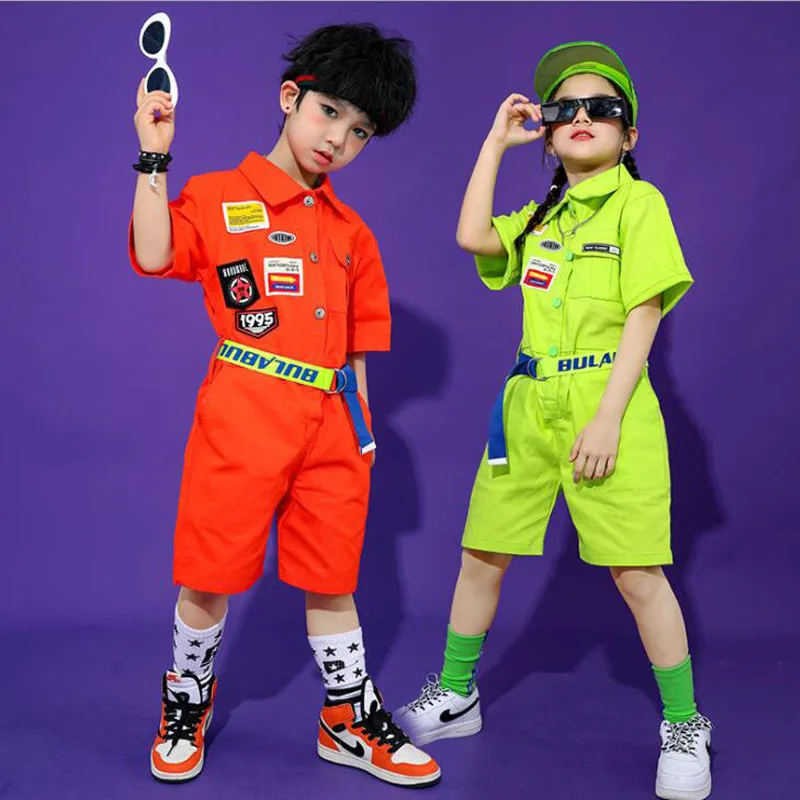 

Kids Ballroom Overalls Hip Hop Costumes Green Jumpsuits Girl Boys Performance Street Jazz Modern Dance Clothing Rave Outfits