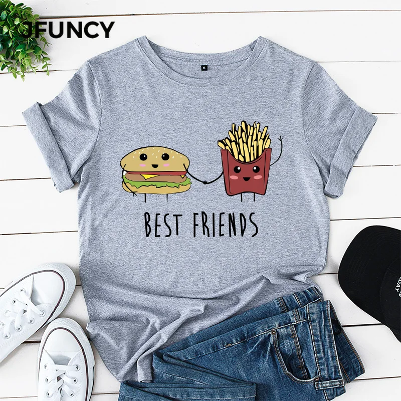 JFUNCY Burger Fries Best Friends 2020 Summer Women T-shirt Funny Cartoon Printed Graphic Tees Tops  Woman Cotton Tshirt