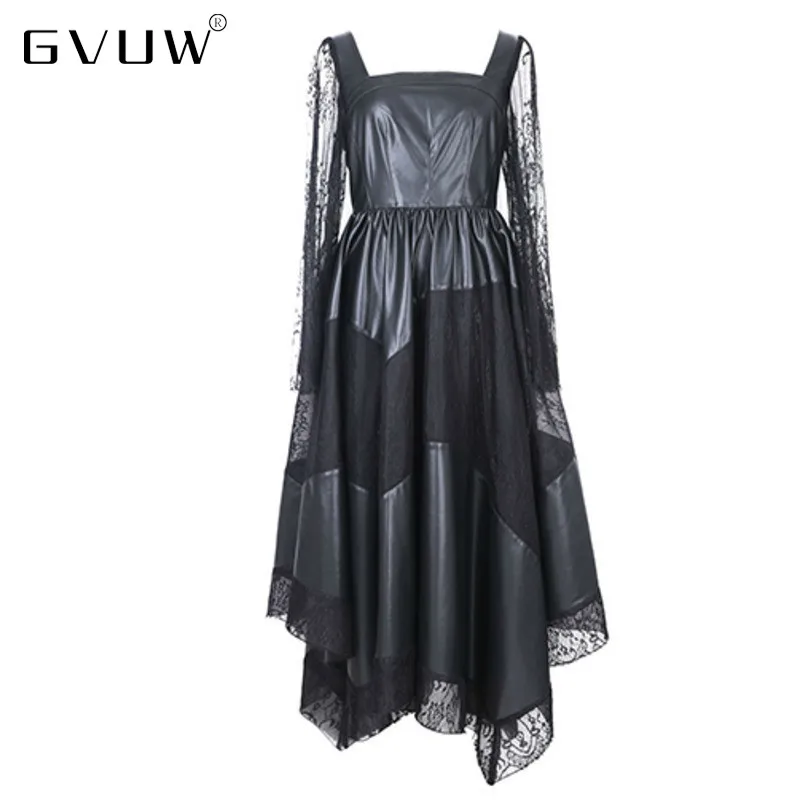 

GVUW Dress Women's Autumn 2021 PU Leather New Square Collar Loose Lace Flare Sleeve Waist Casual Sundresses Robe Hiver ZH787