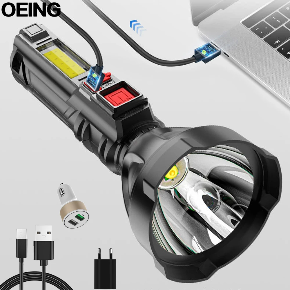 

LED+Side COB Flashlight USB Rechargeable Portable Zoomable Torch Built-in Battery Camping Lights Waterproof Hand Lamp Work Light
