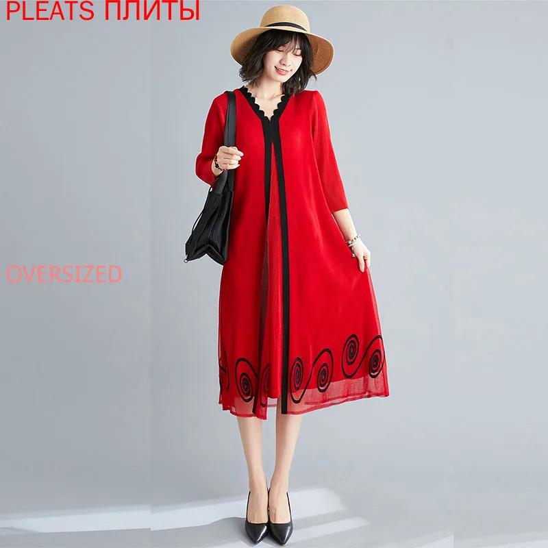 

Miyake, плиссированное Сетчатое платье с имитацией двух частей, модное тонкое летнее платье со складками и рукавами средней длины, Vestido Shein