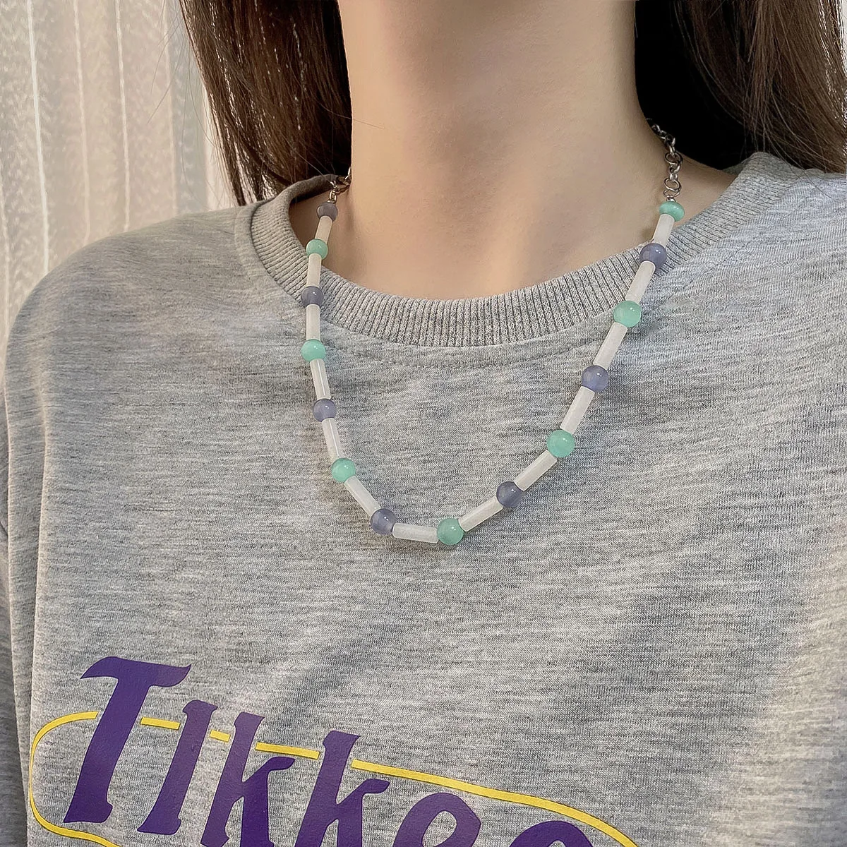 

Модный чокер QiLuxy из нержавеющей стали с натуральным камнем кошачий глаз, простой сращивающийся чокер, ожерелья, ювелирные изделия