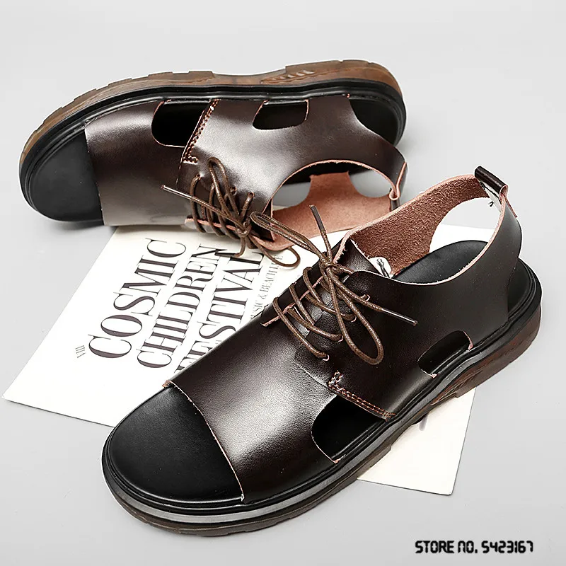 Мужские сандалии из натуральной кожи уличная пляжная обувь на шнуровке плоская