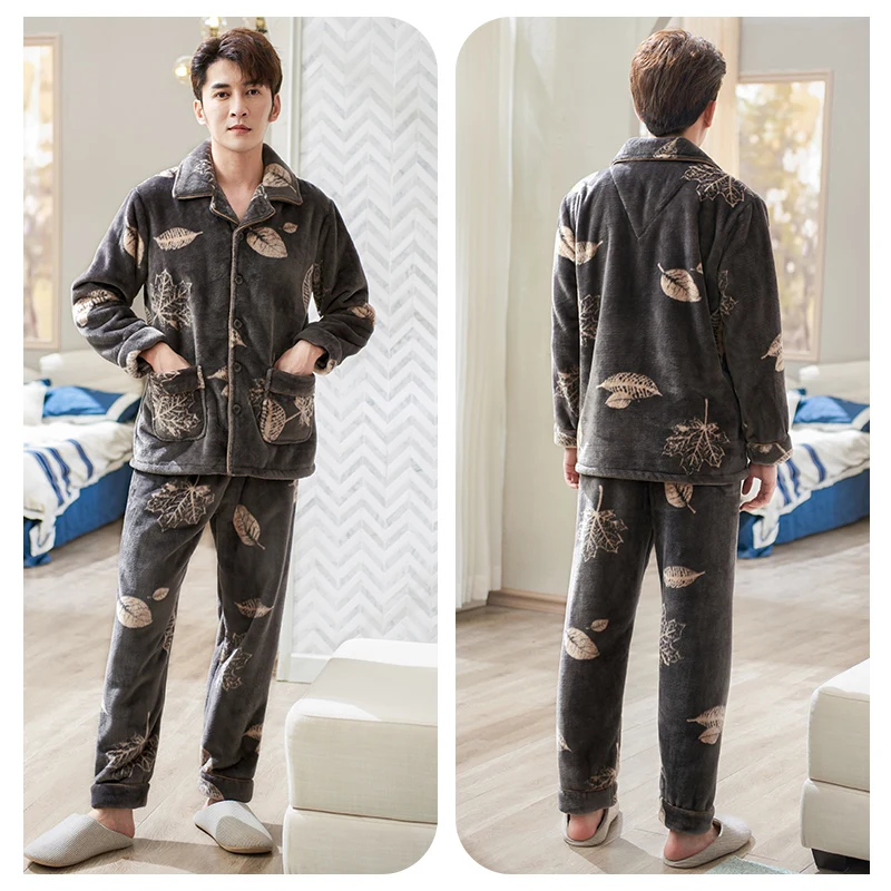 Korean Winter Sleepwear Casual Loose Long Sleeve Coral Fleece Thicken Warm Plus Size Sleepwear Szata Zestawy Men's Sleep DB60SY