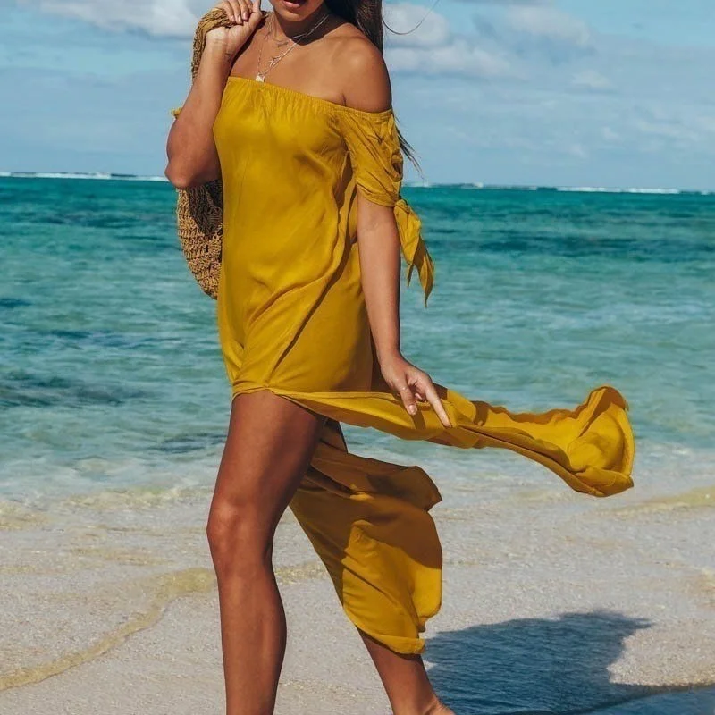 

Women Fashion Wrap Dress Backless Summer Bikini Cover Up Dress Off Shoulder Bandeau Dress Beach Cover Up Casual Beach Wear