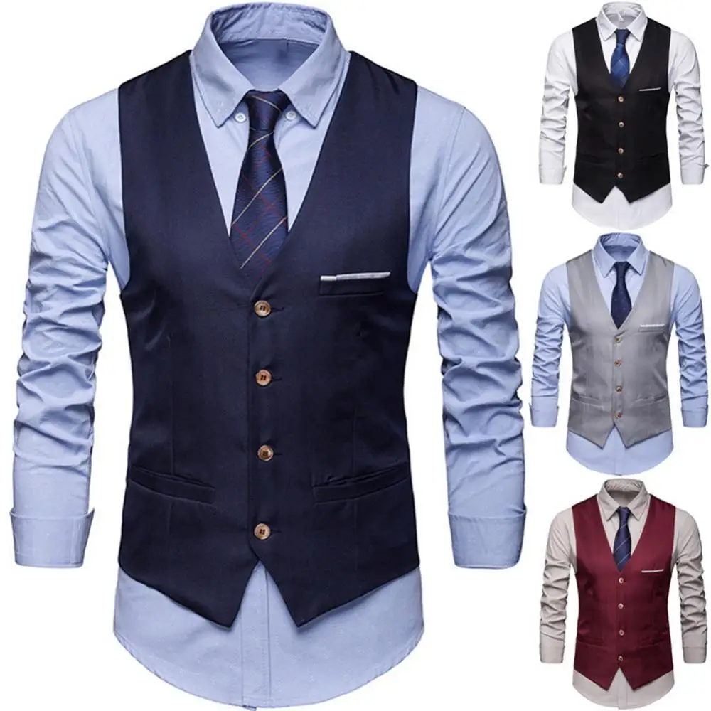 Dropshipping Plus Size Formal Men Solid Color Suit Vest Single Breasted Business Waistcoat