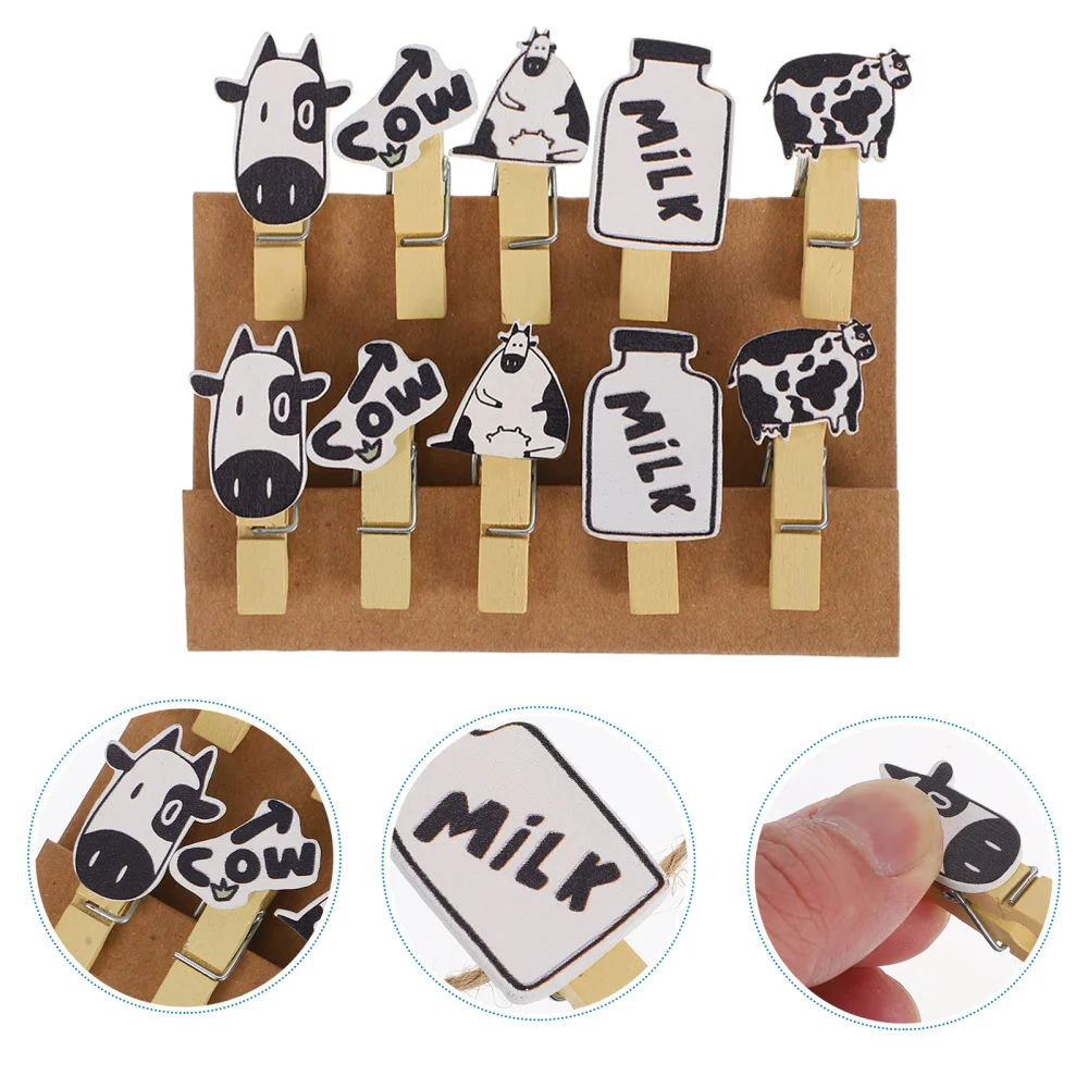 

5 Packs Wooden Photo Clips Cow Themed Memos Fixed Clips with Hanging Rope