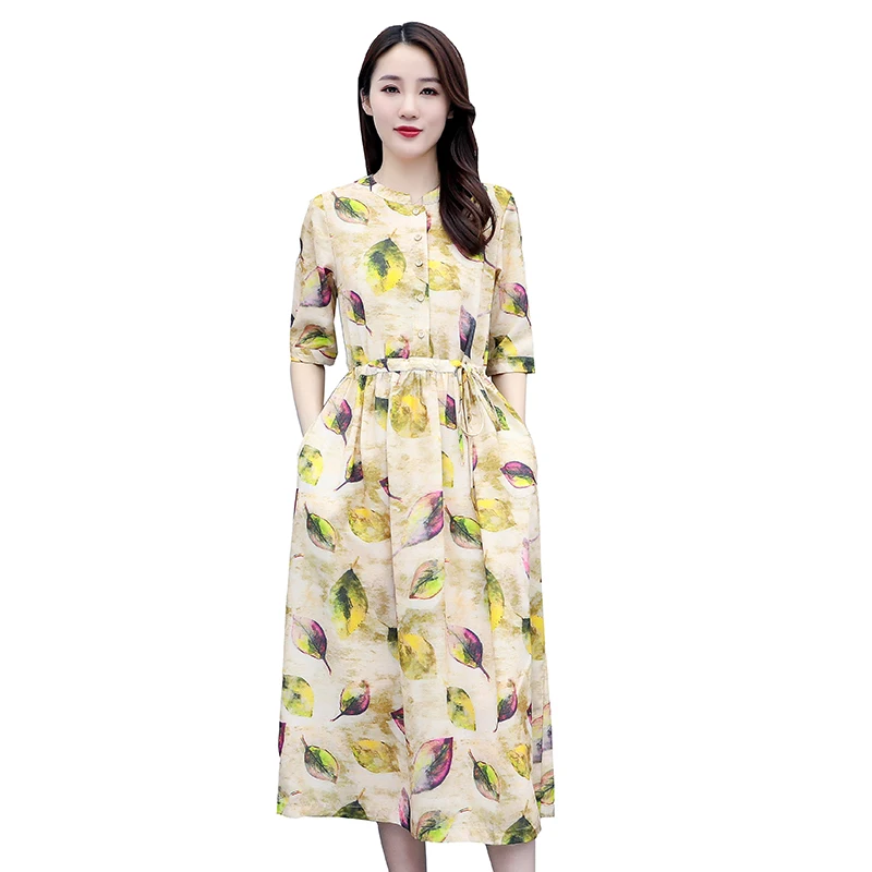 

Summer Cotton and Linen Print Short Sleeve Midi Dress 2021 Casual Blue Floral Plus Size Sundress Women Elegant Bodycon Vestidos