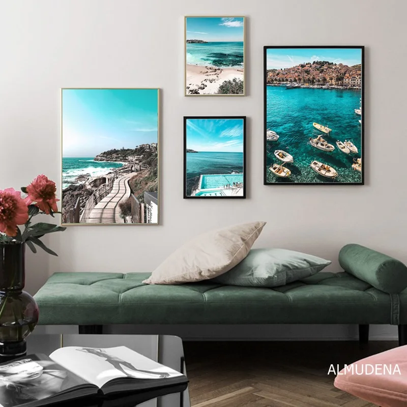 

Bay Beach Blue Sea Water House Landscape Wall Art Canvas Painting Nordic Posters And Prints Wall Pictures For Living Room Decor