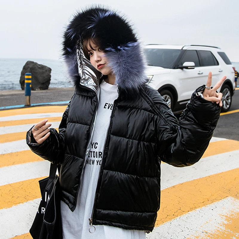 Короткое теплое зимнее пальто женская пуховая хлопковая парка с большим меховым