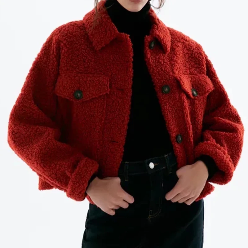 

Женская флисовая куртка на пуговицах Za, элегантная однотонная красная куртка с карманами и длинным рукавом, верхняя одежда для осени