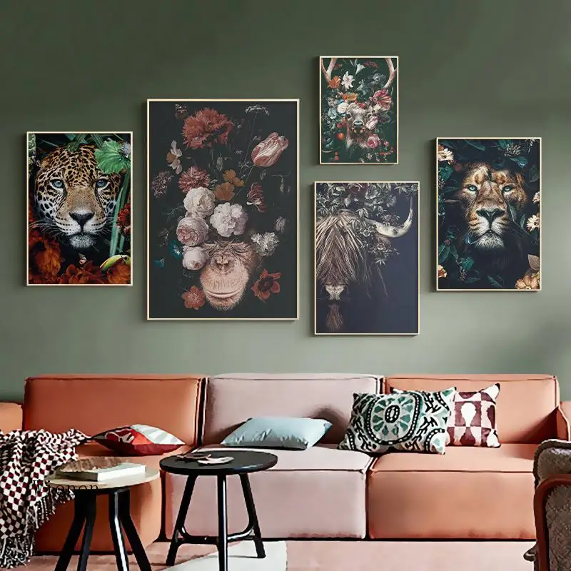 

Nordic Flowers Animals Poster Photo Home Decorations Head of Tiger Panda Orangutan Deer Canvas Painting Print Wall Art for Zoo