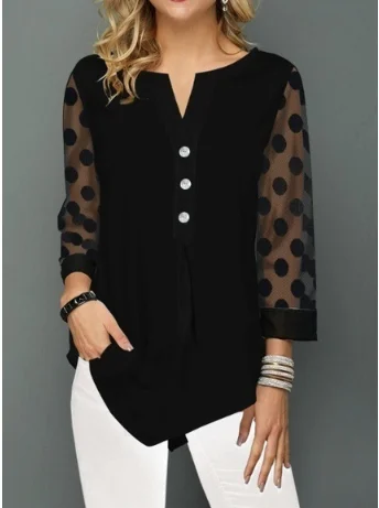 

Shirt Blouse Plus Size 5xl Solid Black Tops V-neck Button splice Mesh Nine Points Sleeve Spring Summer Casual Loose Women Shirt