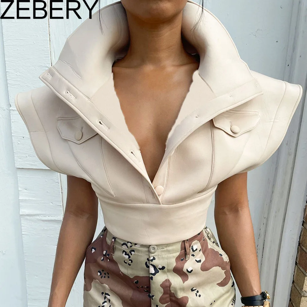 

ZEBERY Apricot Turn-Down Collar Single Breasted Crop Top Women Flying Sleeve Casual Vest Coat Autumn 2021 Fashion Streetwear
