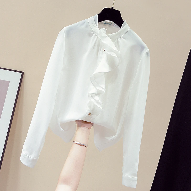 

Blouse Women Long Sleeve White Blouse Ruffles Chiffon Blouse Shirt Tops Women Blusas Mujer De Moda 2021 Women Clothing D908